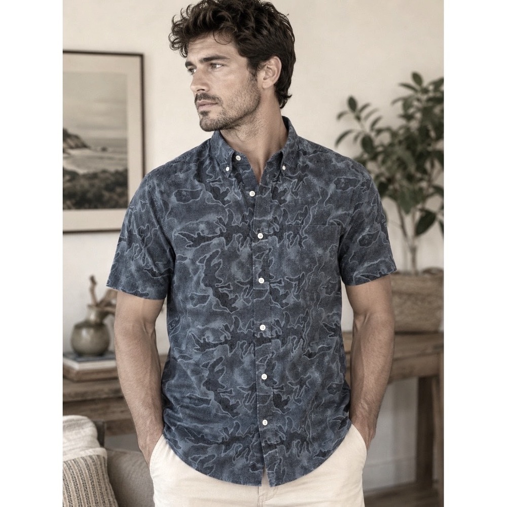 Reed Edward Mens Blue Abstract Camo Short Sleeve Button Down Cotton Shirt Large
